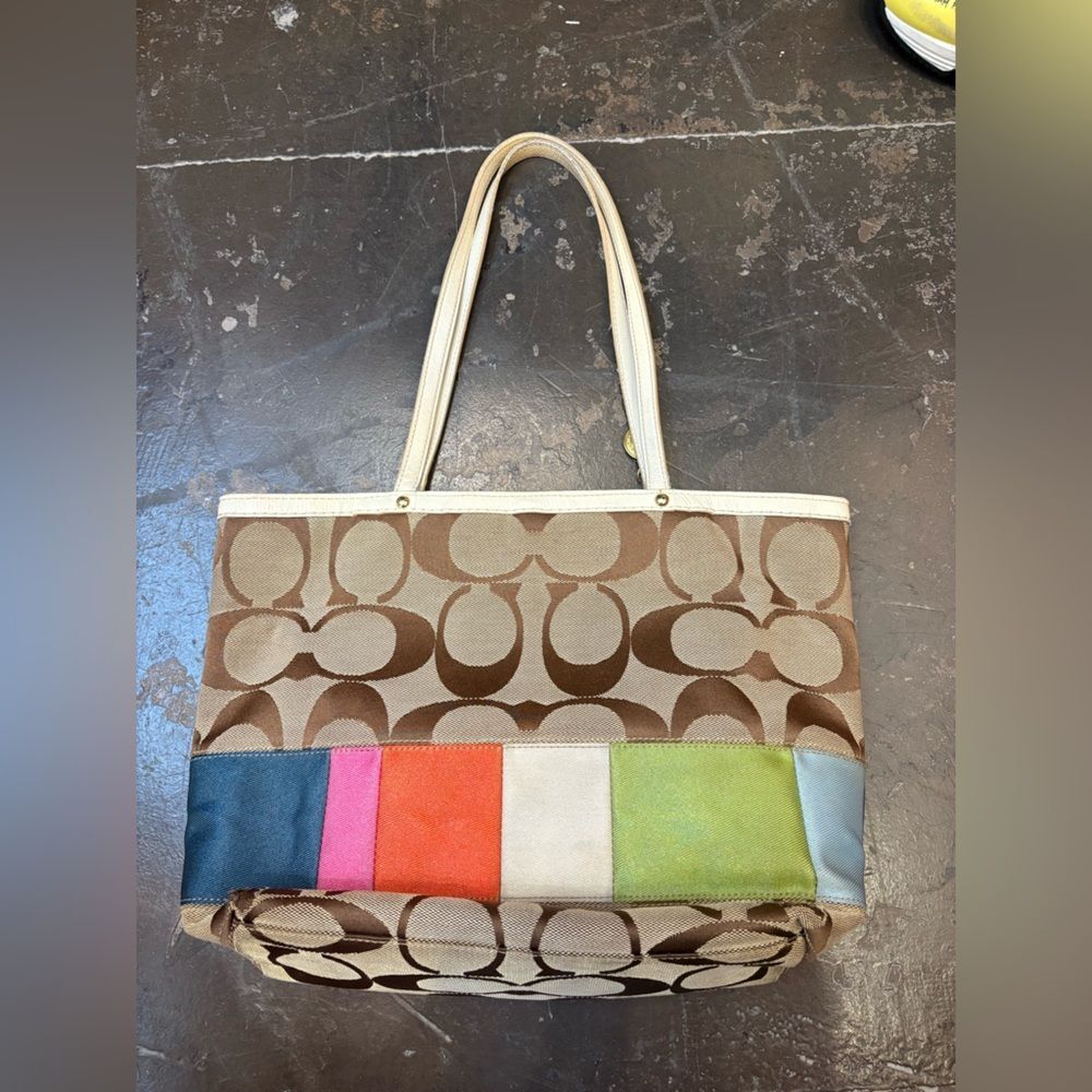 Coach Brown Signature Canvas Tote with Multi-Color Accent Stripe